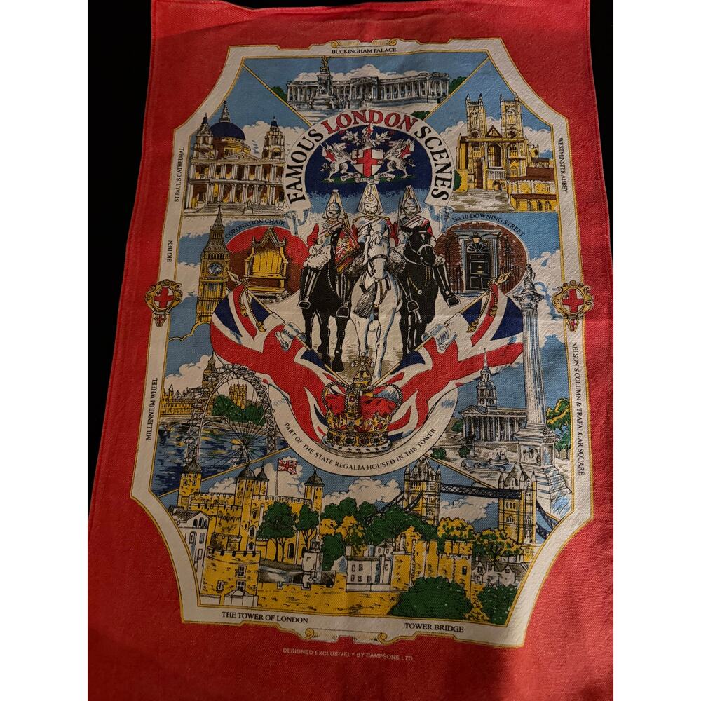 Vintage London Souvenir Tea Towel Famous London Scenes 18"x27" Sampson